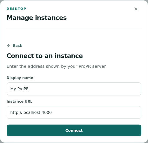 Desktop connection editor with display name, instance URL and Connect action
