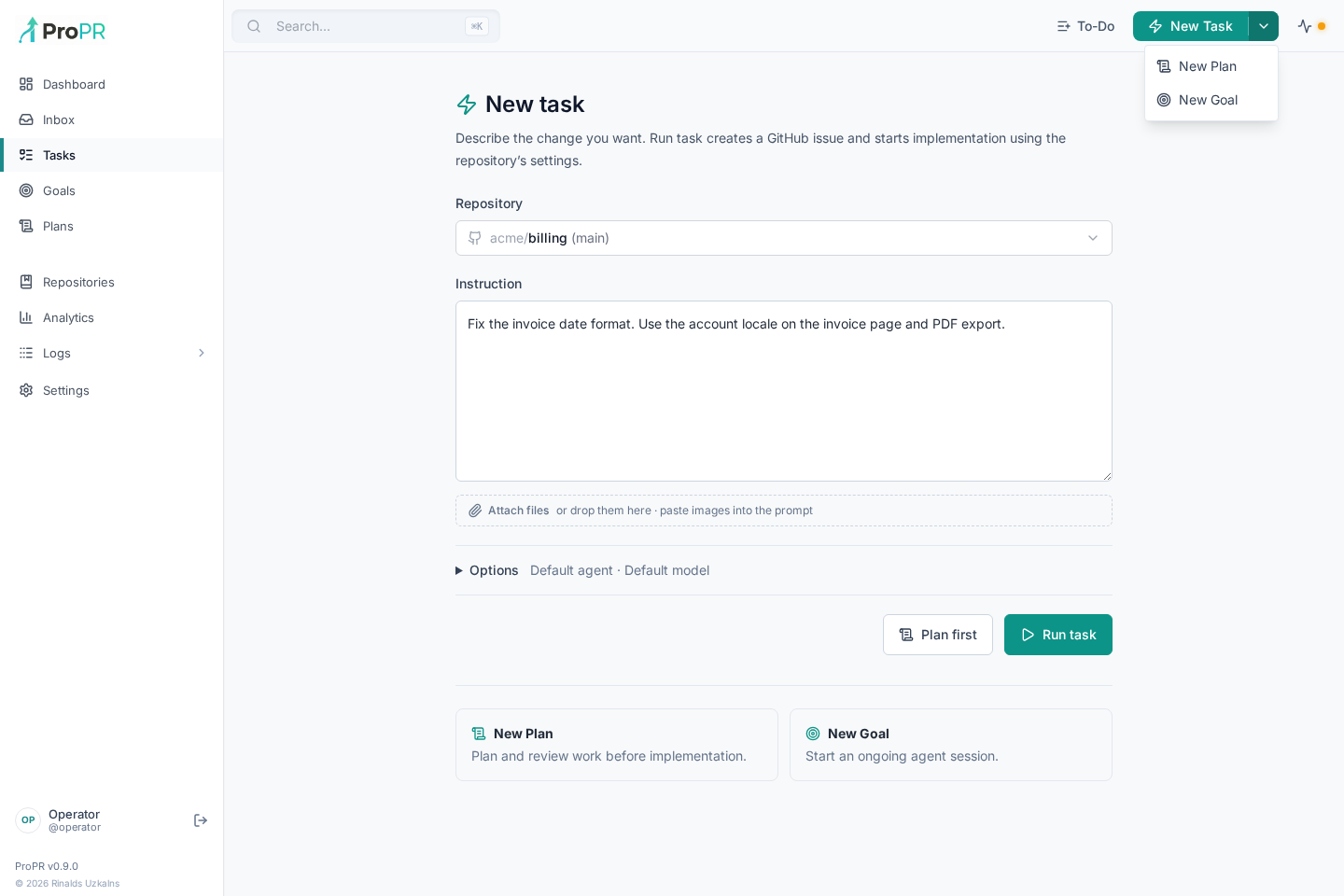 New task form with a repository, invoice formatting instruction and Run task action